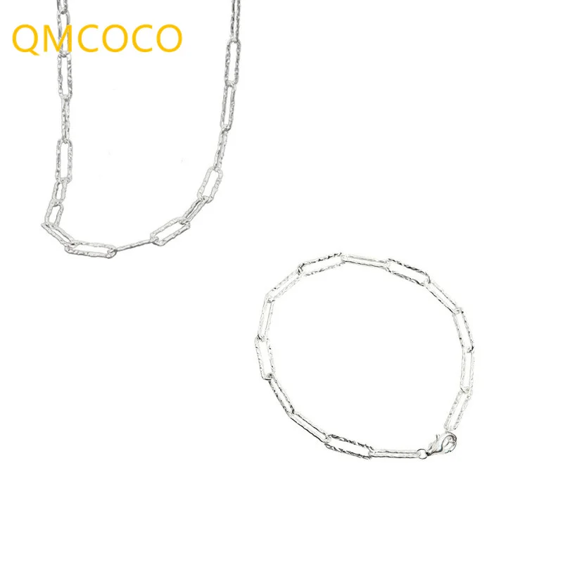 

QMCOCO 925 Silver Sparkle Oval Hollow Out Chain Bracelet+Nacklace Geometric Jewelry Set Woman Trendy Simple Party Jewelry Gifts