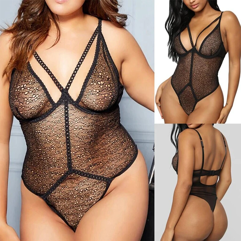 Сексуальное женское нижнее белье боди большого размера Серебряное прозрачное