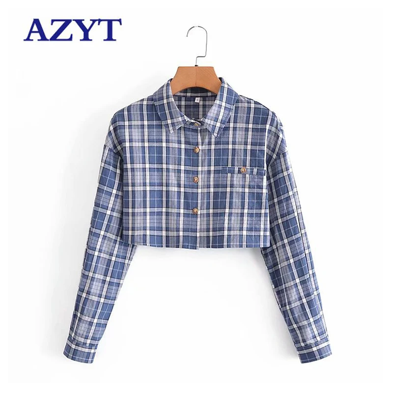 

AZYT новые осенние клетчатые блузки для женщин 2021 модный отложной воротник пуговицы женская рубашка кроп-топы, повседневные блузки y camisas