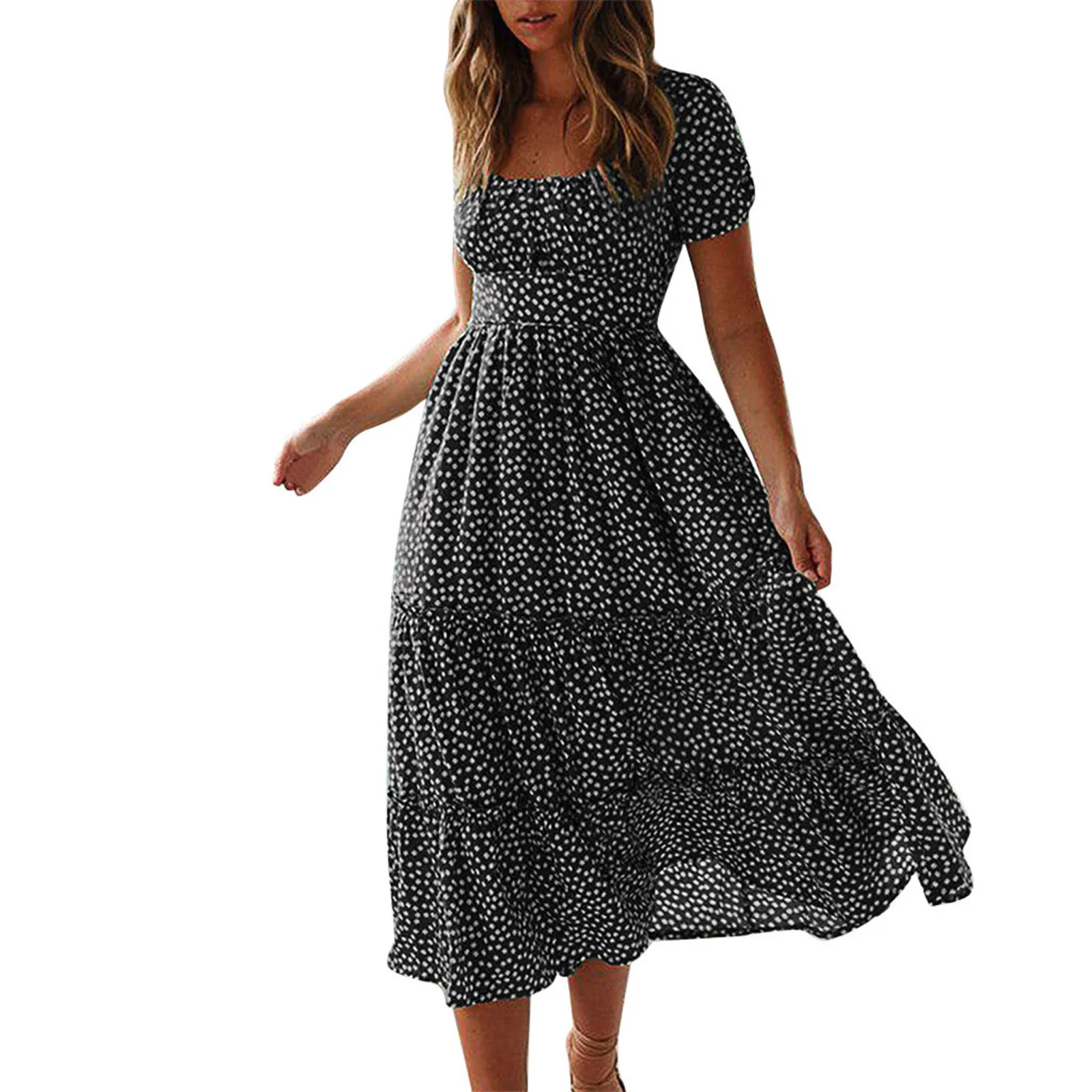 

Fashion Women Sexy Little Daisy Printing Puff Sleeve Square Neck Dress Spotted loose sexy print square neck pleated dress