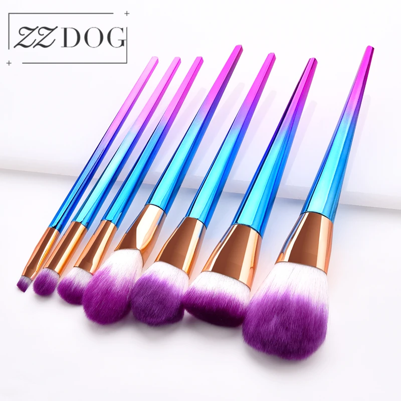 

ZZDOG 7Pcs Comsetics Beauty Tools Kit Natural Hair Powder Foundation Eye Shadow Blusher Blending Makeup Brushes Set Long Handle