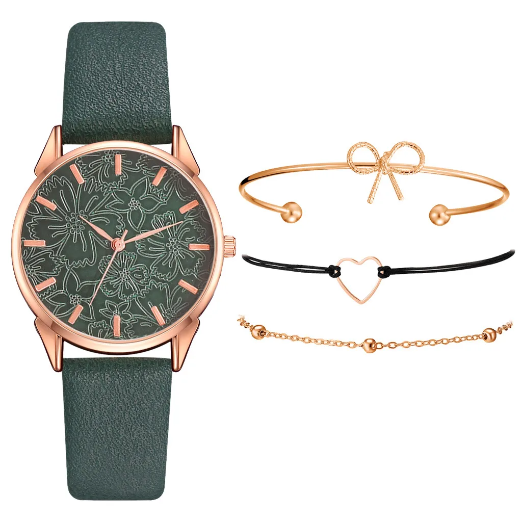 Simple Women Watches Flower Dial Ladies Bracelet Gift Quartz Wristwatch Soild Color Leather Clock Set Relogio Feminino* | Наручные часы
