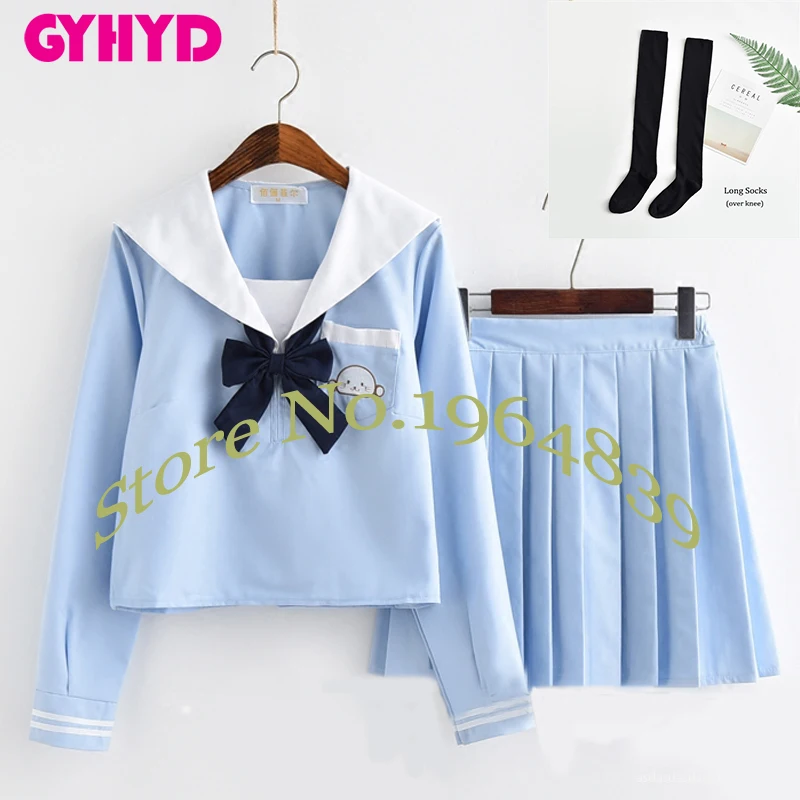 Long Set With Socks Вышивка JK, костюмы для косплея, небесно-голубой топ+ юбка+ галстук, школьная форма, милый японский костюм студентки для девочек - Цвет: Long Set With Socks