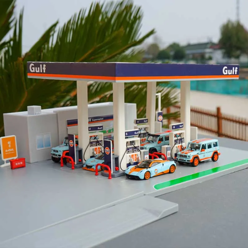 

Alloy car gas station 1/64 scale alloy car model Gulf gas station scene simulation model collection gift set display