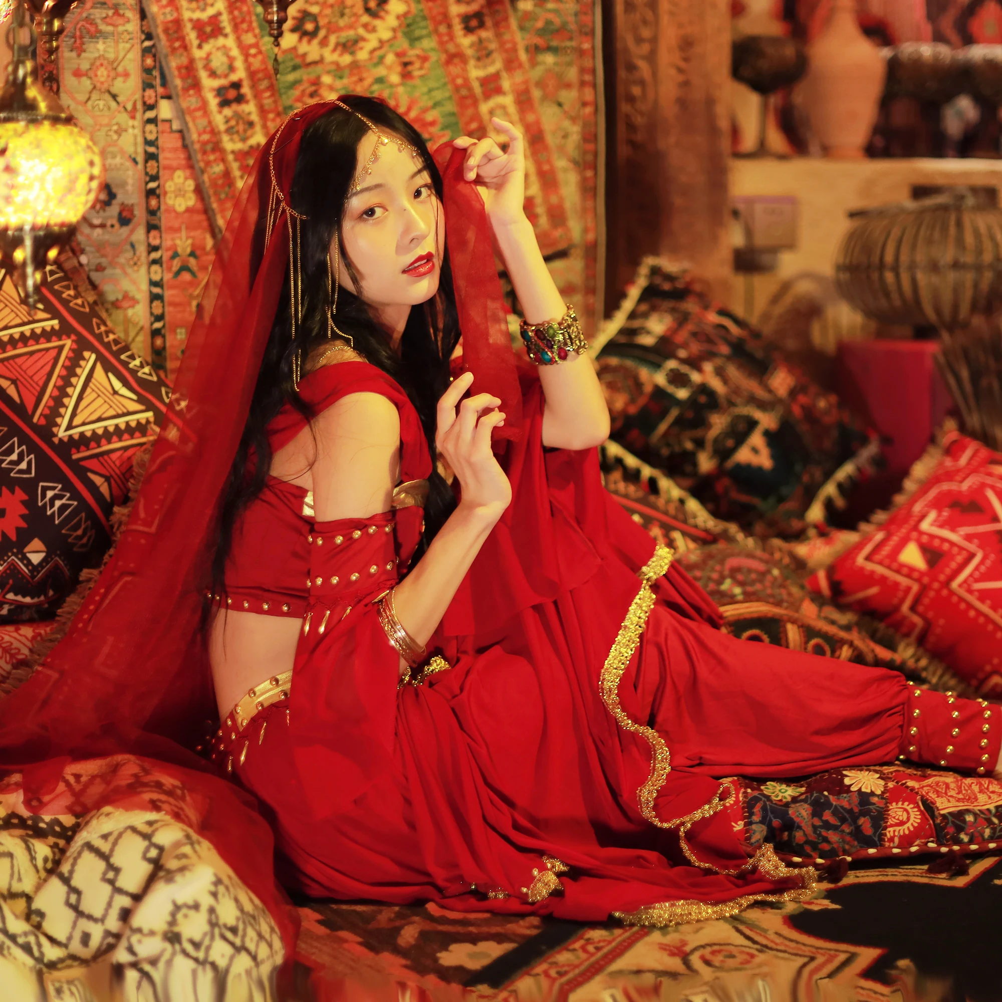 Женская одежда для Хэллоуина костюмы танца живота головной убор фата топ брюки