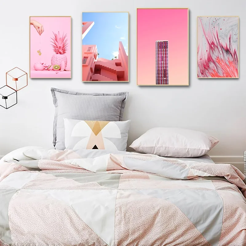 

Nordic Style Pink Canvas Painting Abstract Simple Dessert Fruit Building Posters Home Decoration Wall Arts for Living Room