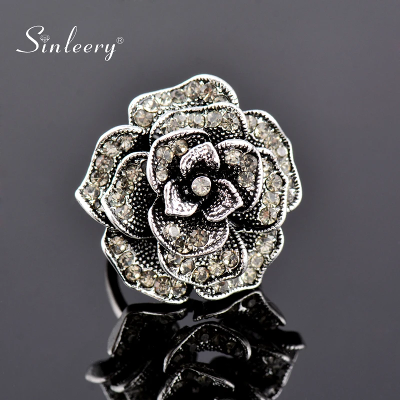 

SINLEERY Vintage Big Flower Rings With Cubic Zirconia Antique Silver Color Women Party Jewelry Anel wedding accessories ZD1 SSH