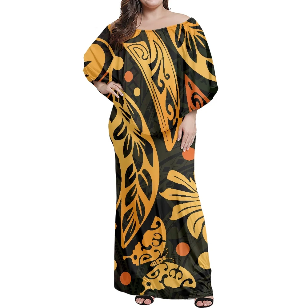 

Fall Off Shoulder Loose Casual Maxi Dress With Shawl Polynesian Tribal Butterfly Print Women's Frill Dress Plus Size Clothing