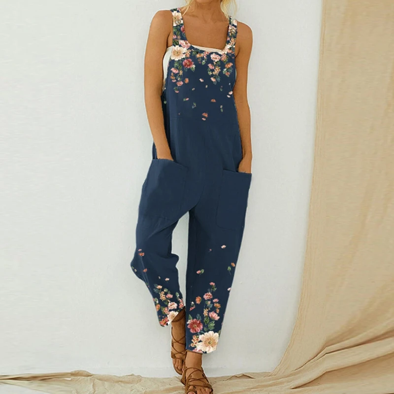 

Abstract Vintage Printed Jumpsuit Women Sexy Sleeveless Strappy Bodysuit Romper 2021 Summer Ladies Casual Pocket Loose Playsuit