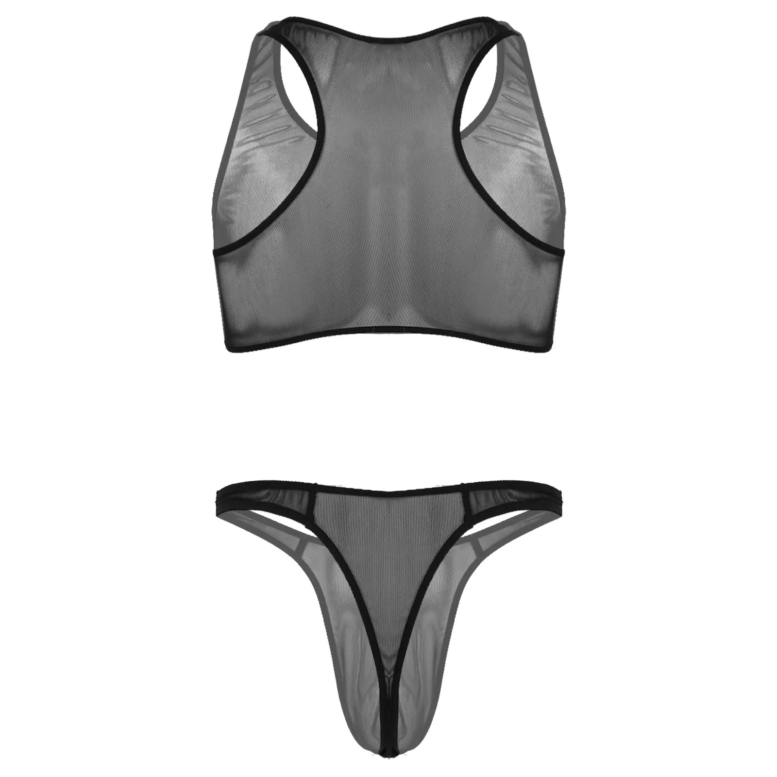 

Sexy Lingerie Set for Mens See-through Mesh Two-piece Lingerie Suit Swimwear Sleeveless Cropped Tank Top with Low Waist Thongs