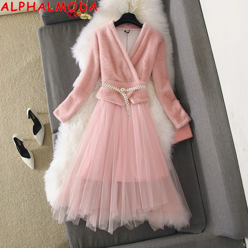 ALPHALMODA женское платье из двух частей с v образным вырезом и пушистым плетением