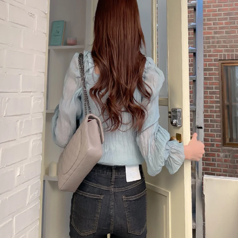 

2021 New Fashion Pleated Puff Sleeve Blouse Summer O Neck Lace Up Clothing Women Solid Color Casual Vintage Female Shirts 13865