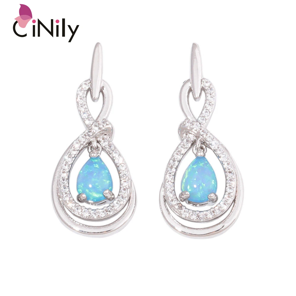 

CiNily Created Blue & White Fire Opal Zircon Silver Plated Wholesale for Women Jewelry Engagement Dangle Earrings 1'' OH4557-58