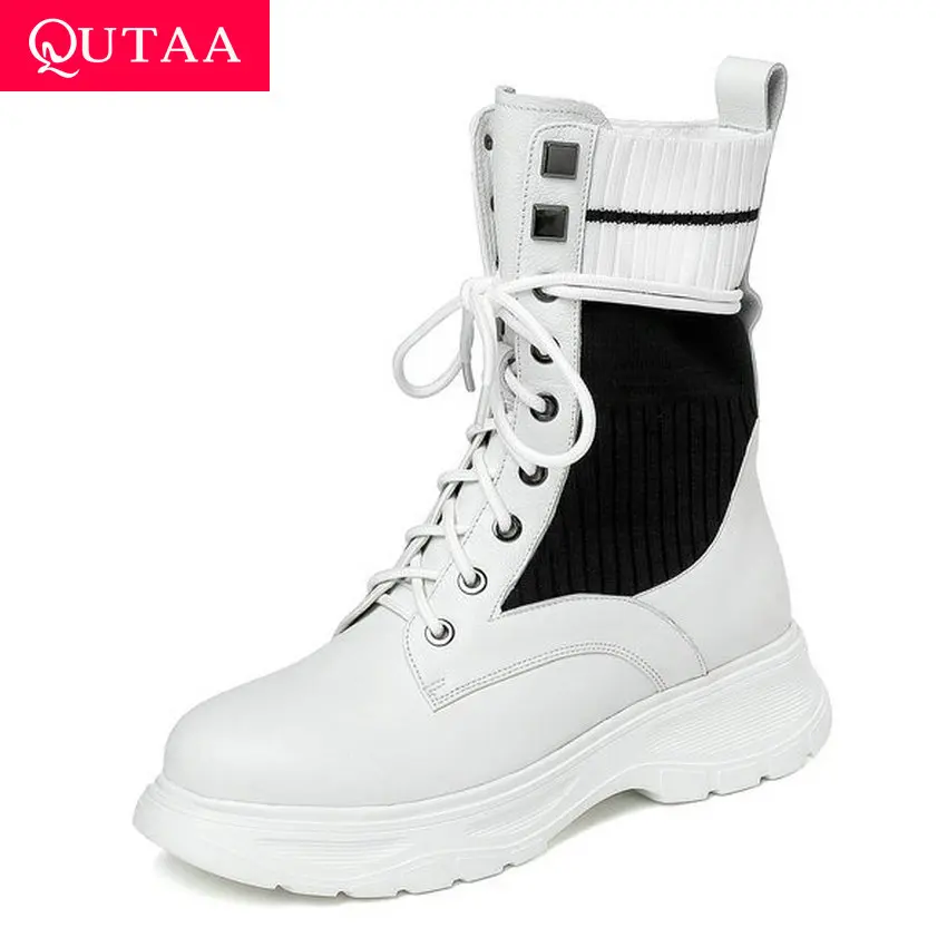 QUTAA/2020 модные разноцветные сапоги до середины икры из коровьей кожи повседневная