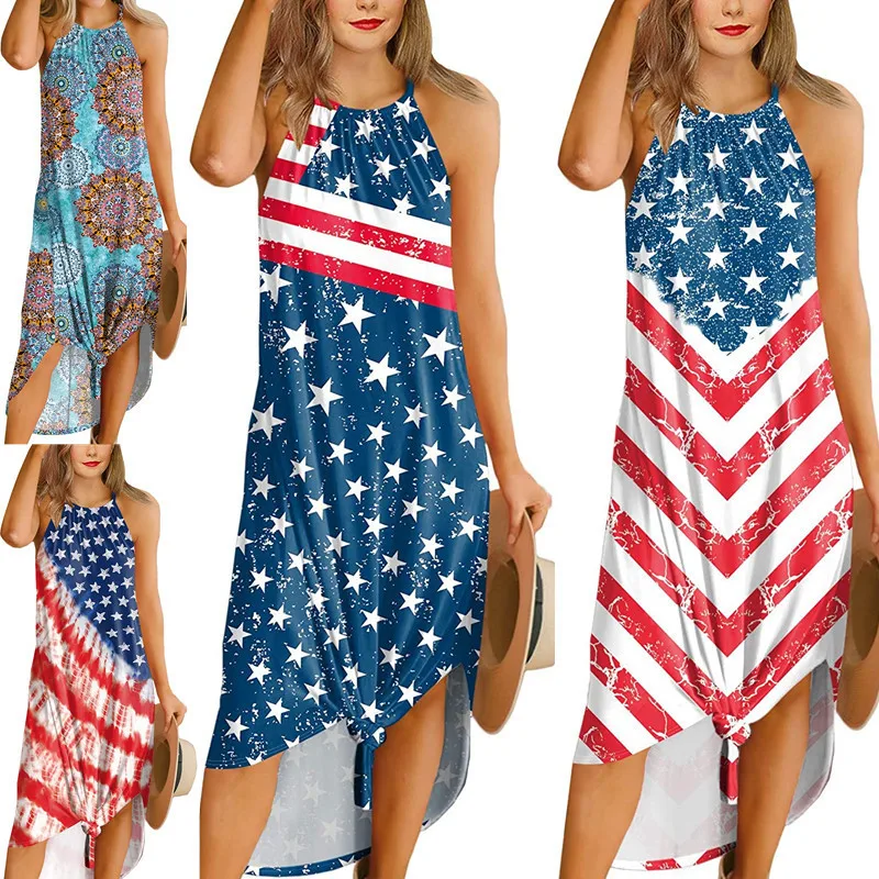 

2021 New Summer Women Loose Irregular Dress Sleeveless Beach Maxi Dress Fashion Element Tie-dye Stars Printed Dress Lady Vestido