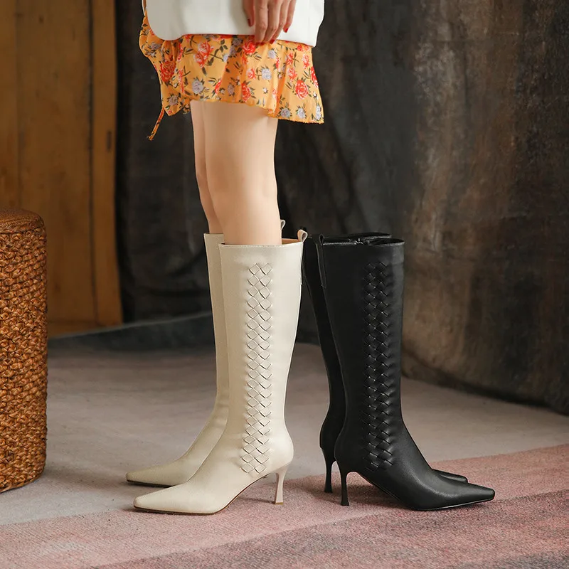 

MORAZORA 2022 Newest Knee High Boots Women Genuine Leather Shoes Thin High Heels Autumn Winter Dress Party Shoes Ladies Black