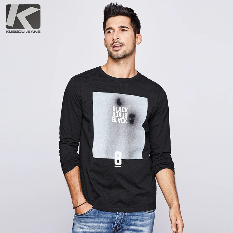 Мужская футболка с принтом KUEGOU белая однотонная длинными рукавами из 100% хлопка
