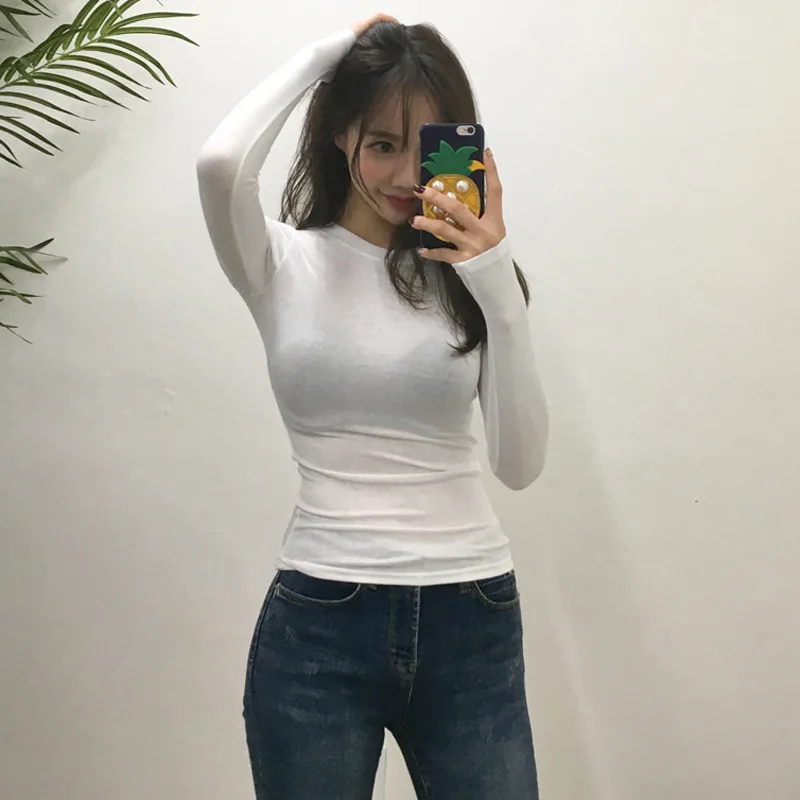 

Korean Style Slim T-shirts Women Sexy Tshirts Cotton Long Sleeve Summer Tops Tee Shirt Femme Khaki Blue White Black T Shirt