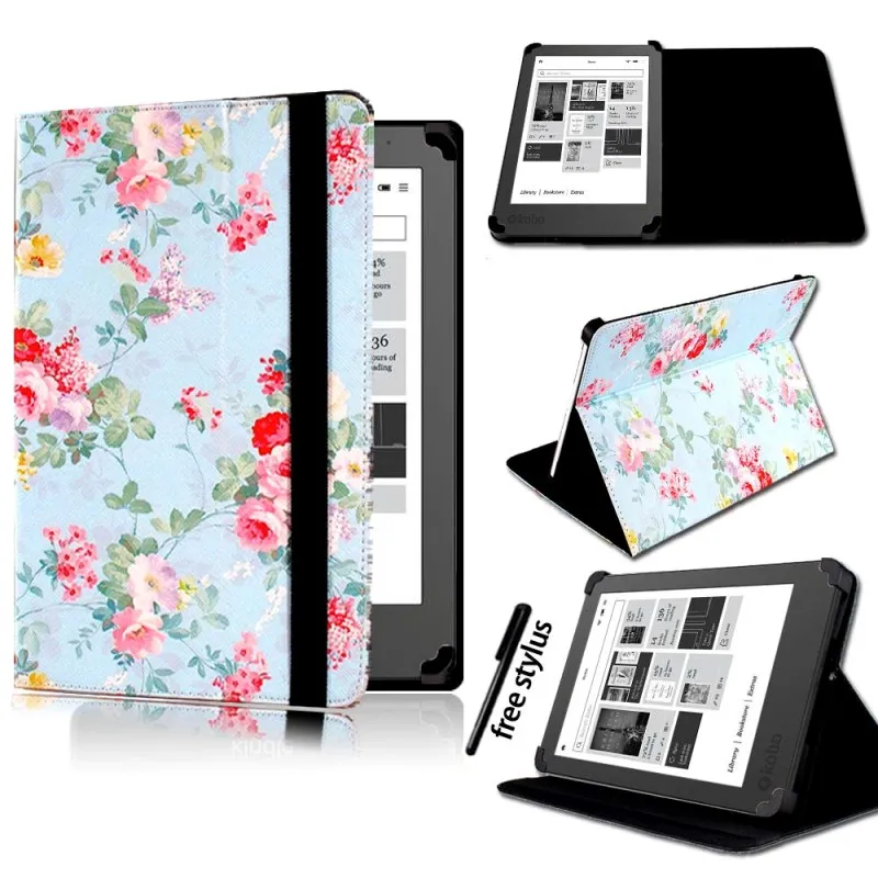 KK&LL для 2013 Kobo Aura " /NEW Aura Edition 2 6" eReader планшет-Кожаная подставка для планшета Folio Smart Cover чехол+ стилус - Цвет: Blue Floral