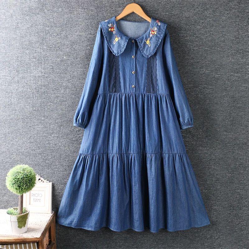 

Осеннее Новое Женское маленькое джинсовое хлопковое платье с вышивкой, женское Повседневное платье миди с длинным рукавом, Ml821-9