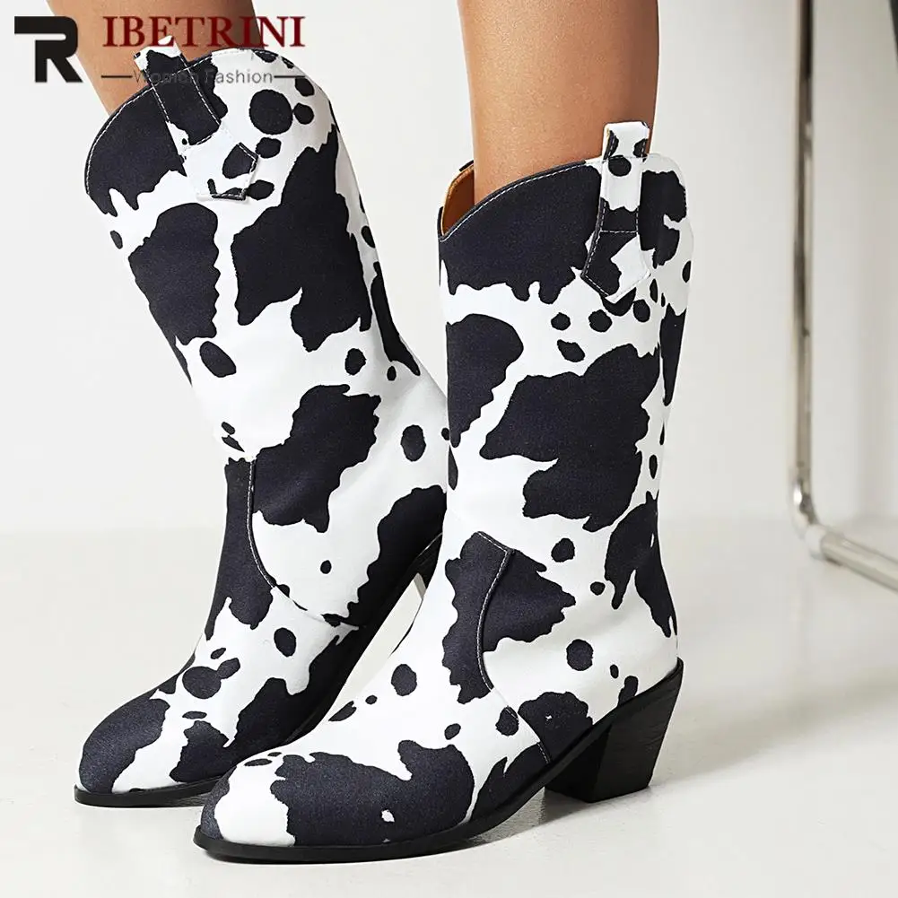 

Female Western Boots Comfy For Women Med Calf Chunky Heel Fashion Brand New women's Shoes Cow Cowgirls Chunky Heels Slip On