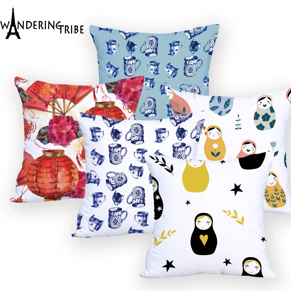 Подушка в китайском стиле синяя и белая фарфоровая печатная на заказ