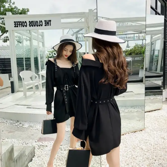 Черное сексуальное мини-платье в стиле панк на бретелях осеннее платье-рубашка с