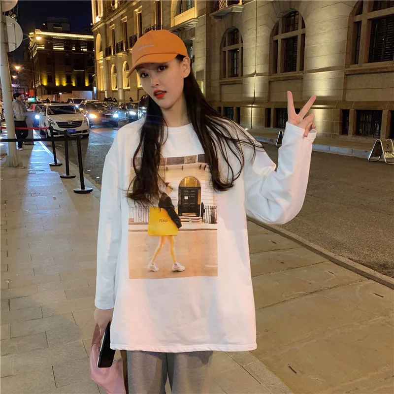 

American Retro Cotton Long-Sleeved T-shirt Women's Loose Korean Style Fashionable Ins Harajuku Style Thin Early Spring Chic