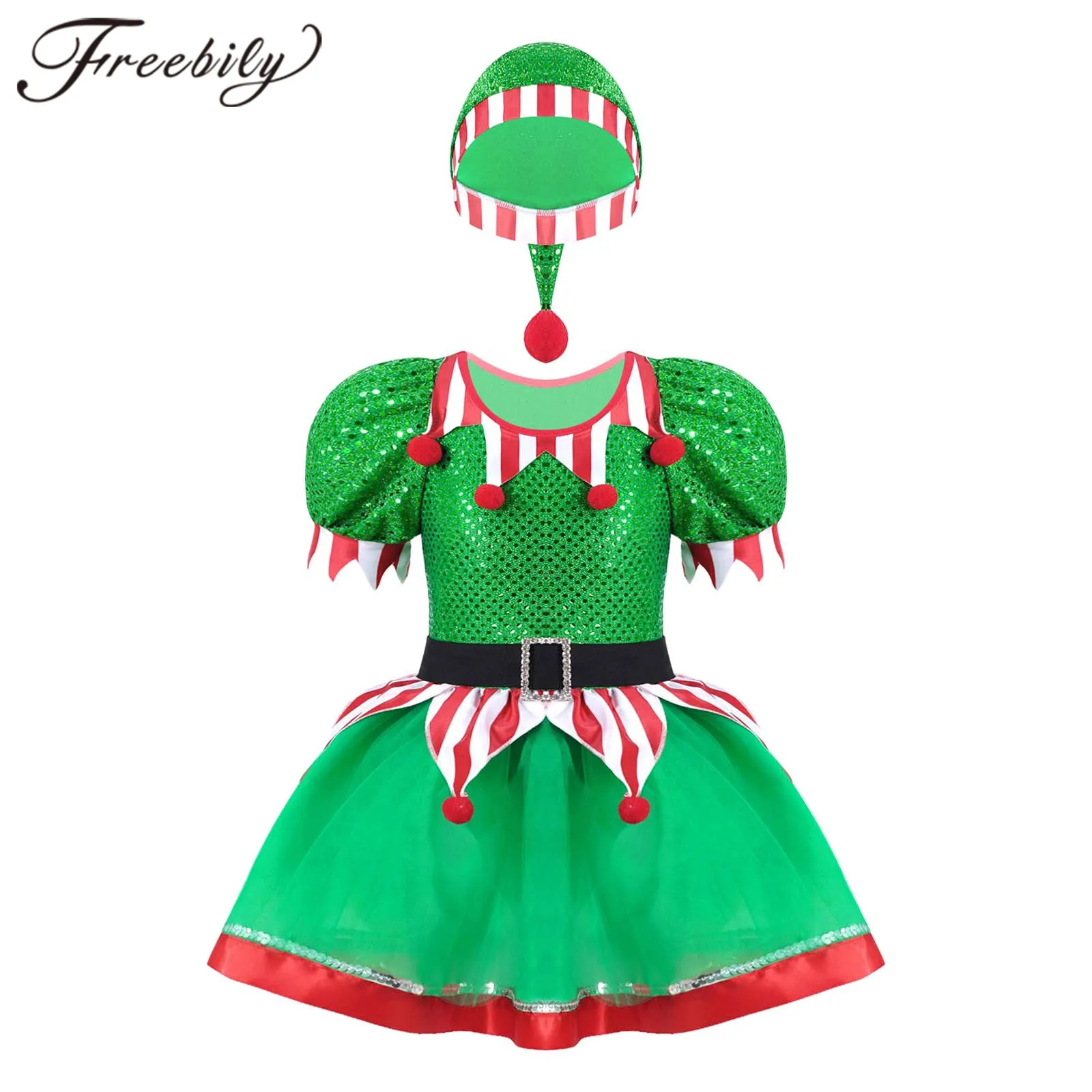

Kids Girls Christmas Costume Outfit Glitter Tutu Party Dress with Hat Dancing Clothes Carnival Mardi Gras Elf Cosplay Costumes