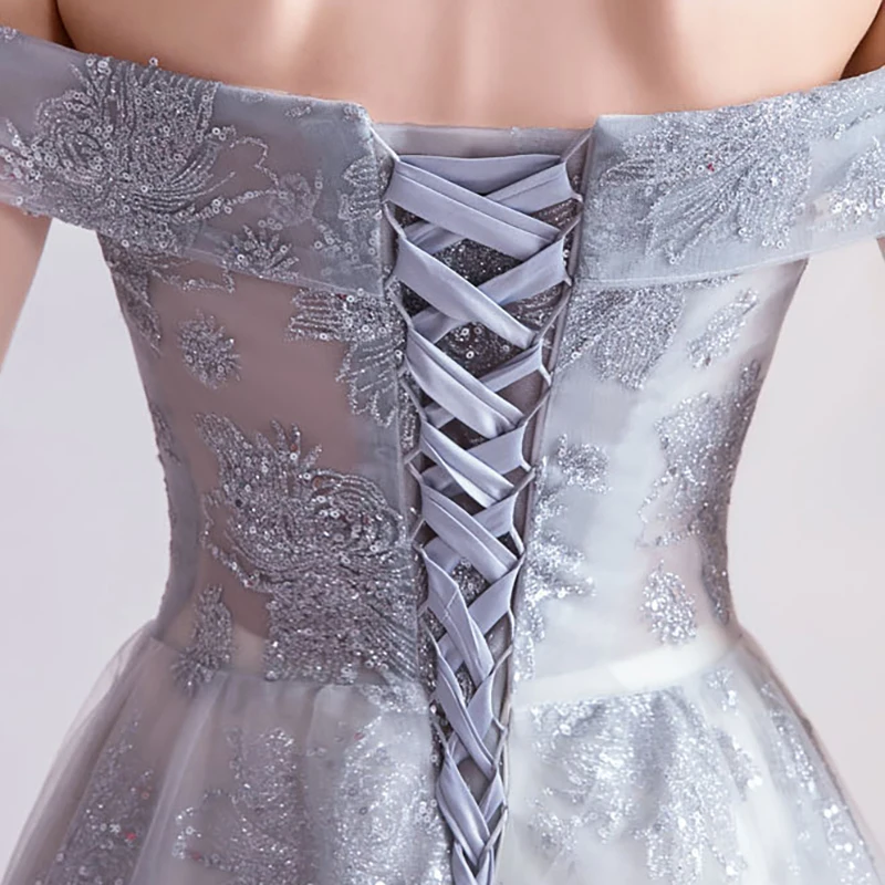 

Bespoke Occasion Dresses Illusion V-Neck Short Sequined Lace Tulle Off The Shoulder Luxury Gray Women Wedding Party Gown TS083