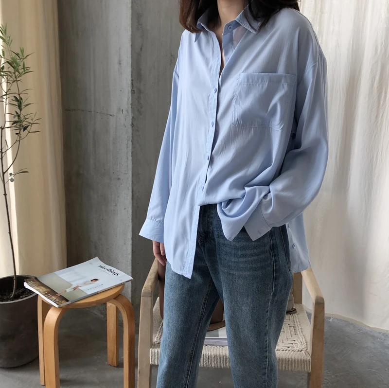 

Women's Causal Style Blouse Solid Color Turn-down Collar Full Sleeve Pockets Single Breasted Side Button Design Loose Shirts
