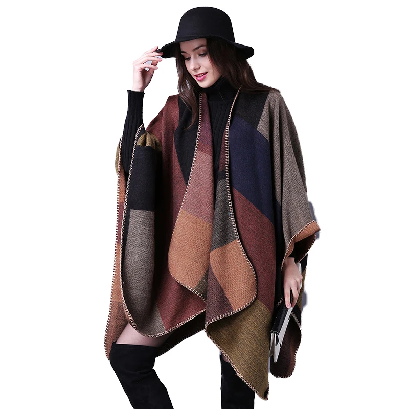 

Winter Women Overwear Coat Oversized Knitted Imitation Cashmere Poncho Capes Duplex Shawl Cardigans Sweater With Tassel Q6-35F