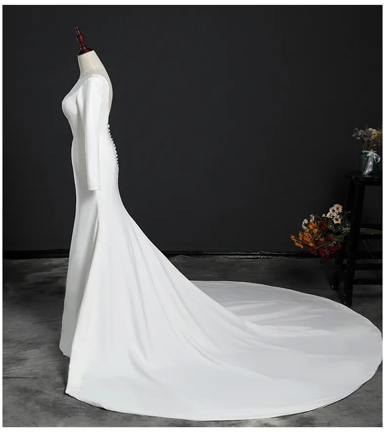 Праздничное платье простой Mermai свадебное из сатина с круглым вырезом и длинными