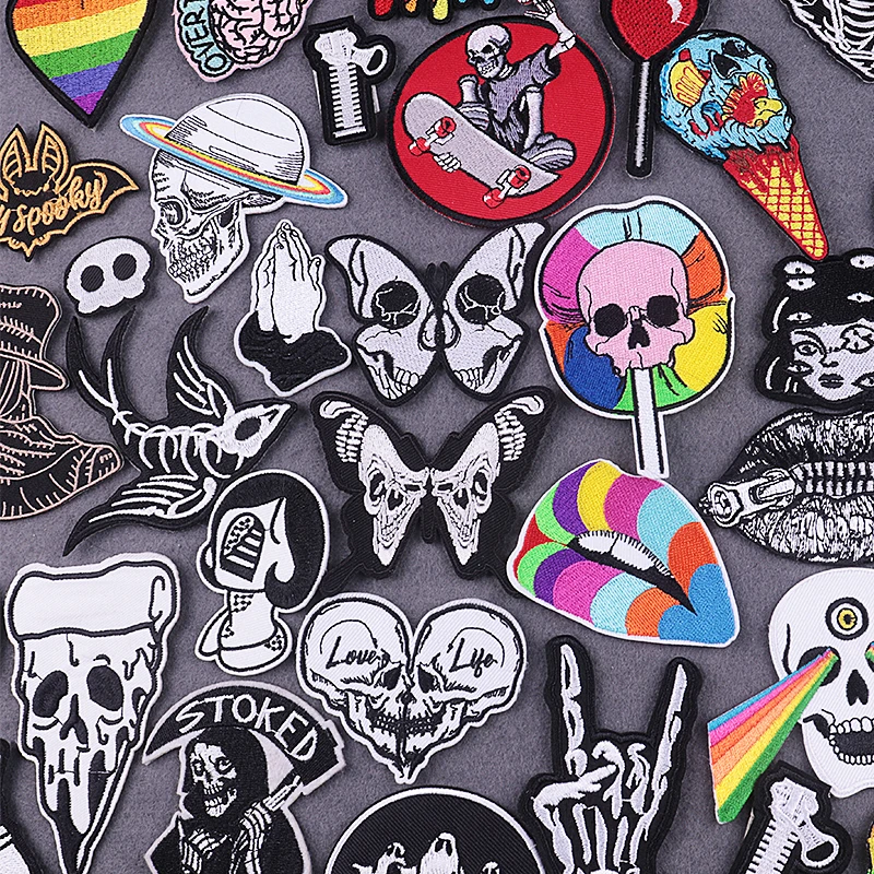 

Black And White Patch DIY Embroidery Patches for Clothing Stripes Badge Ghost Skull Patches Iron on Patch on Clothes Accessories