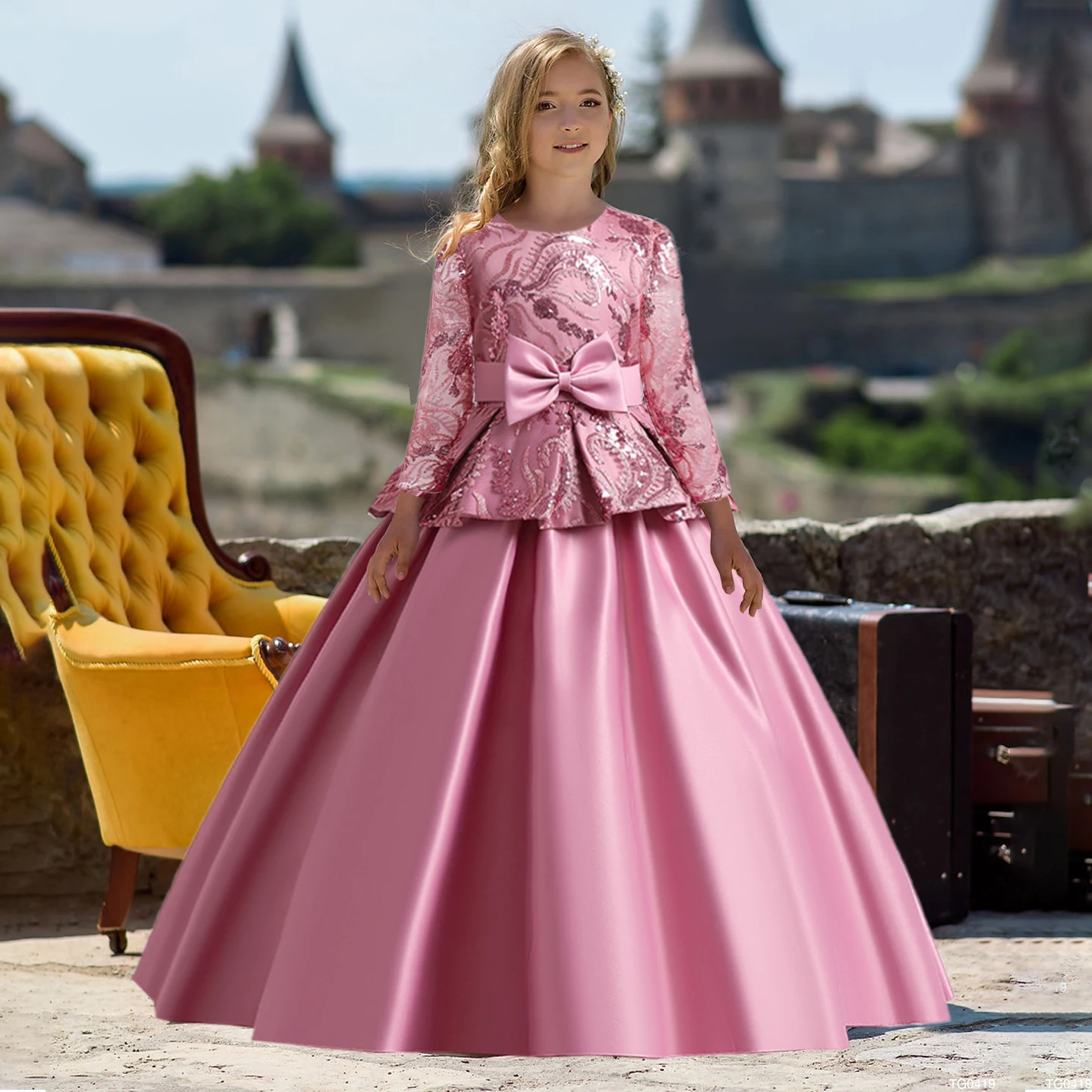 

2022 Ceremony Pageant Bridesmaid Girl Dress Long Sleeve Flower Kids Dress for Girl Tulle Wedding Party Princess Clothes Costume