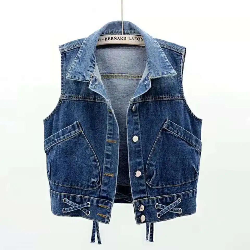 

Streetwear Sleeveless Plus Size Short Denim Jacket Women Summer Slim Denim Gilet Casual Feminina Bandage Jean Waistcoat