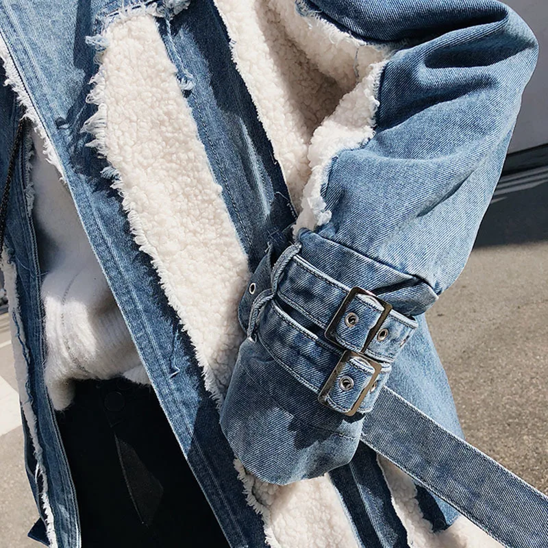 TWOTWINSTYLE Hit Color Patchwork Denim Tassel Trench Coats For Women Lapel Collar High Waist Sashes Windbreakers Autumn New