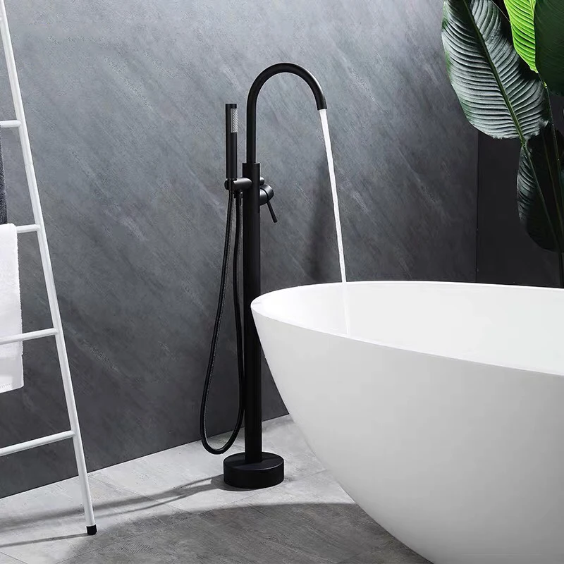 

Black Bathtub Floor Stand Faucet Mixer Tap 360 Rotation Spout Freestanding Floor Bath Faucet with Handshower Bath Mixer Shower