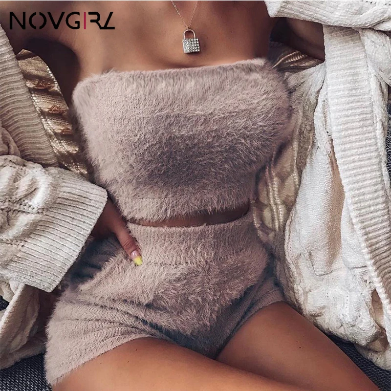 Novgirl/Бархатный вязаный комплект из двух предметов, шорты и Топ без бретелек, Короткие топы, пикантные Клубные вечерние комплекты из 2 предметов, спортивный костюм, новинка года