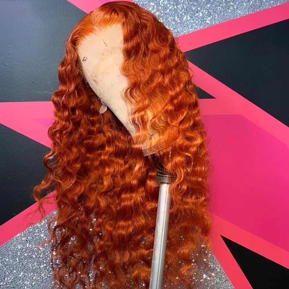 

26 Inch Long Ginger Orange Deep Wave Synthetic Front Lace Wig For Black Women Babyhair Preplucked Cosplay Daily Curly Glueless