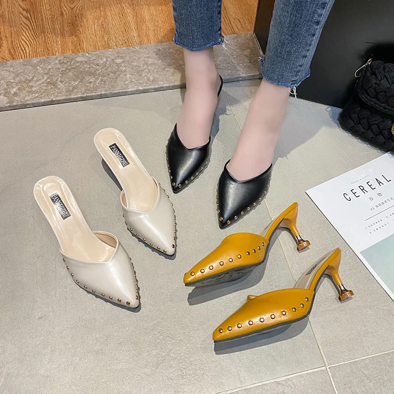 

Shoes Woman 2021 Thin Heels Rivet Heeled Mules Med Slippers Casual Pantofle Cover Toe High Luxury New PU Fashion Slides Rubber