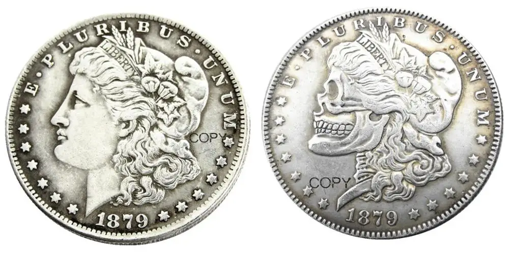 США голова к голове два лица 1879/1879 Моргана доллар Череп Зомби Скелет