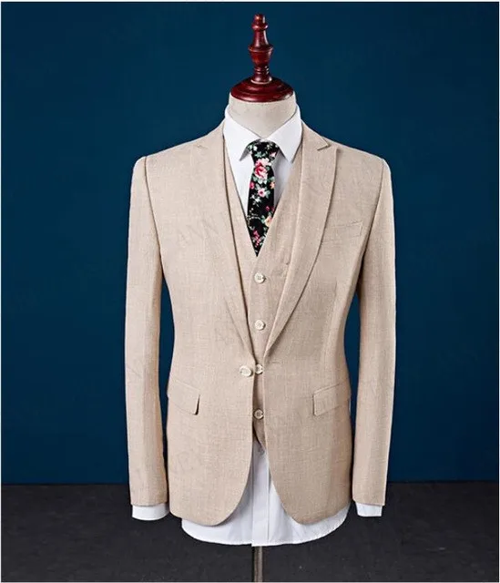 

ANNIEBRITNEY Jacket Pants Beige Men linen Suit Slim Fit Fashion Leisure Groom Wedding Men Dress Custom Big Size Tuxedo Set 2019