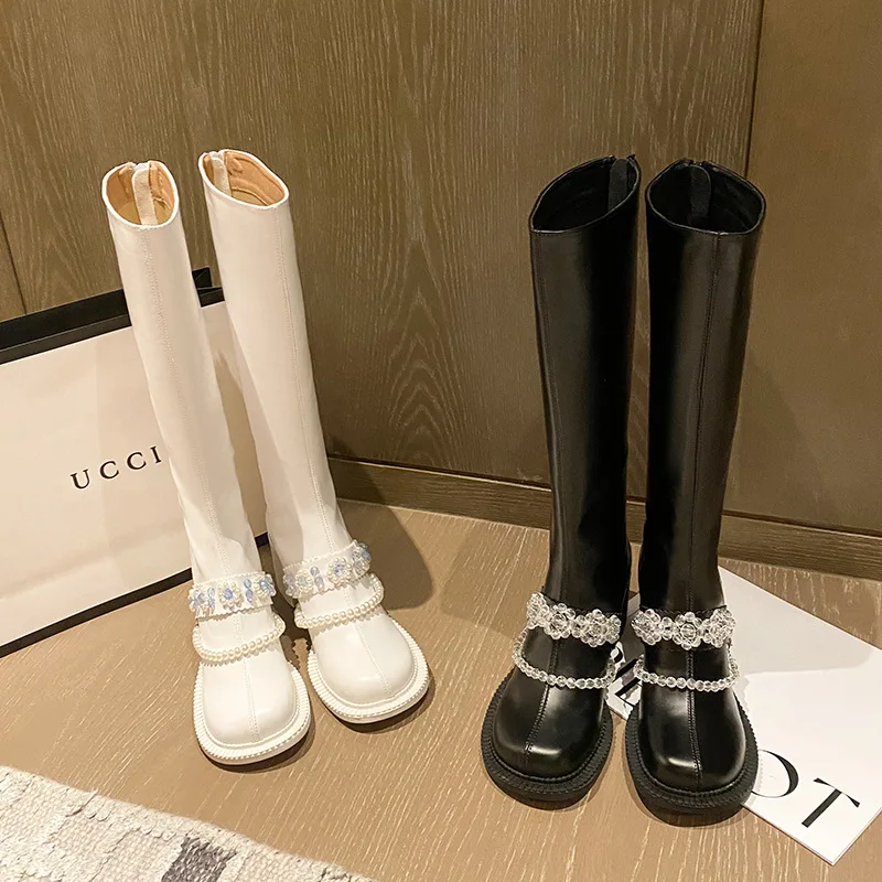 

New Woman Chain Boots Girls Black Brand Shoes Women Soft Thick Heels Ladies Fashion Knee High Boots Female Casual Military Boots