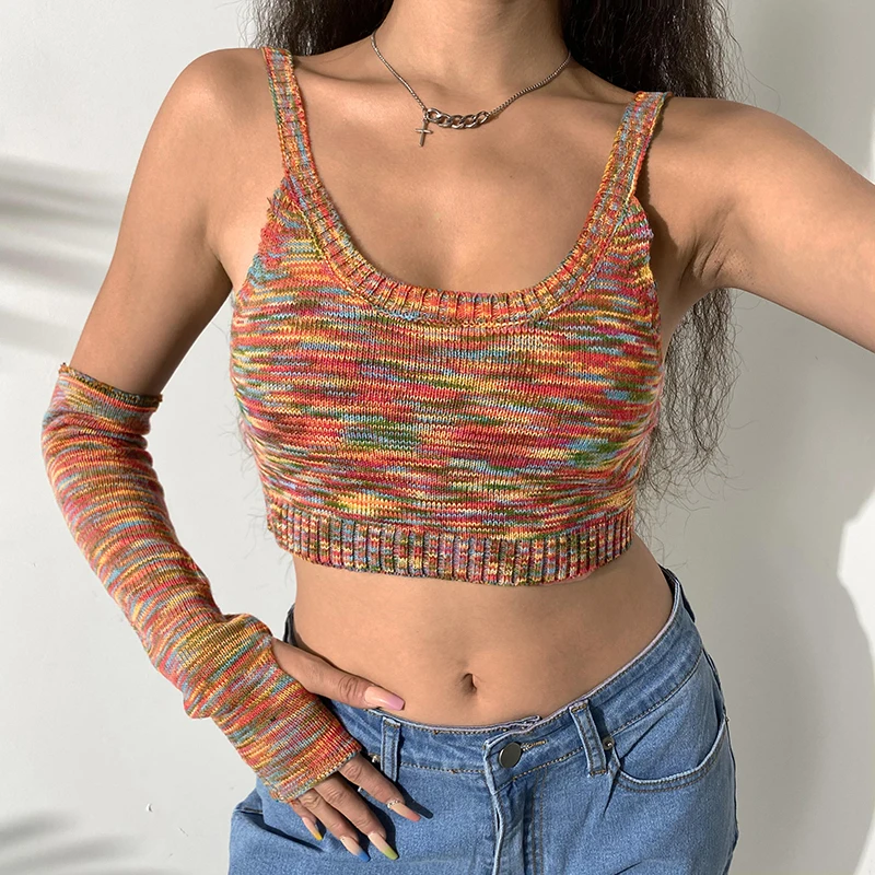

Harajuku Summer Sleeveless Knitted Crop Top T Shirt with Sleeves Tie Dye Print Y2K 90s Fashion T-shirt Women 2021 Streetwear