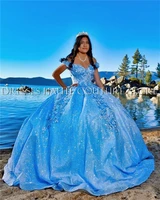 2022 ice blue ball gown quinceanera dresses with dechable sleeves sweetheart tulle lace applique sweet 16 dress party wear