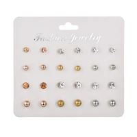 12 pairsset stud earrings set with card transparent crystal balls imitation pearl earrings women female earrings jewelry