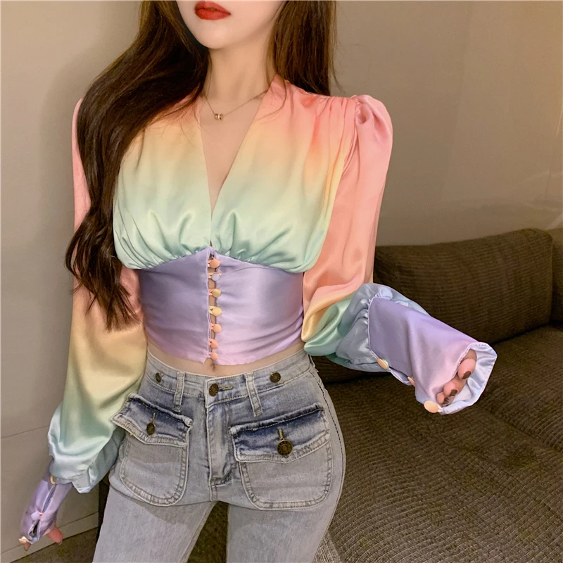 

Lucyever 2021 New V-neck Satin Shirt Women Autumn Vintage Corset Waist Long-sleeve Shirts Woman Sweet Rainbow Color Slim Fit Top