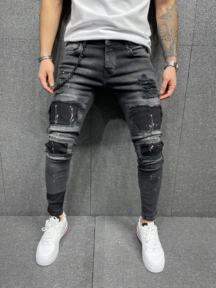 

Men's Skinny Slim Fit Logo Straight Ripped Distressed Pleated Knee Patch Denim Pants Stretch Jeans Slim Elastic Denim Pants