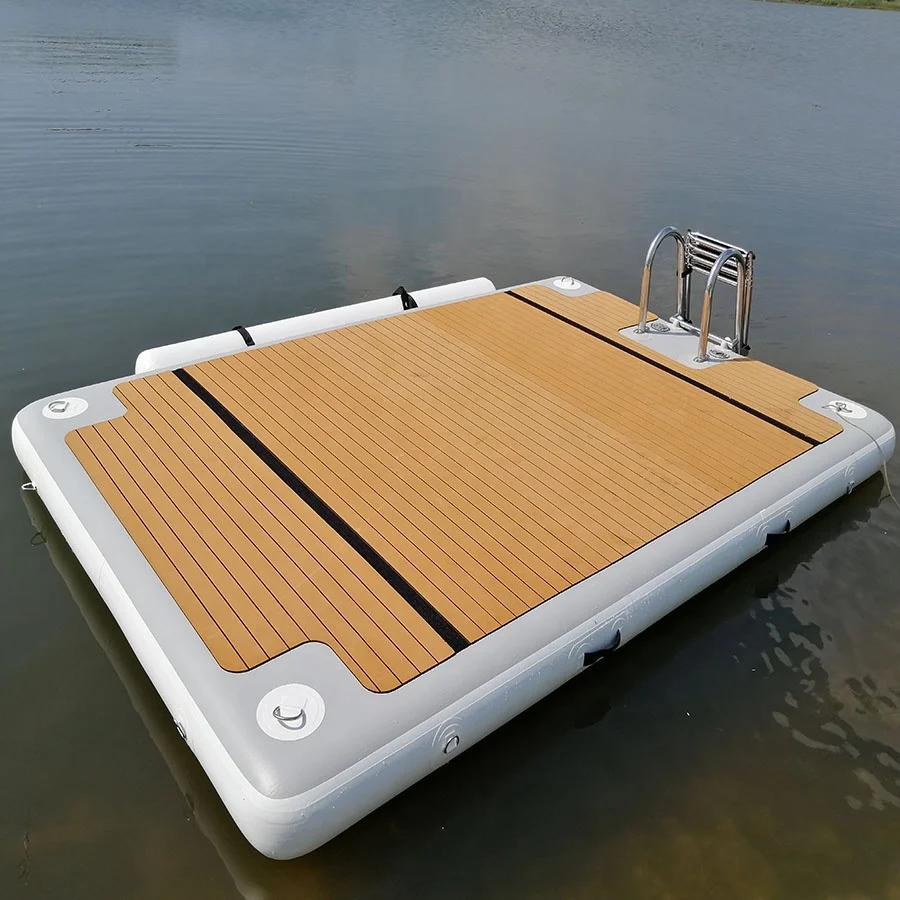 

Teak Wood grain Drop stitch inflatable floating island dock inflatable water platform with ladder or not